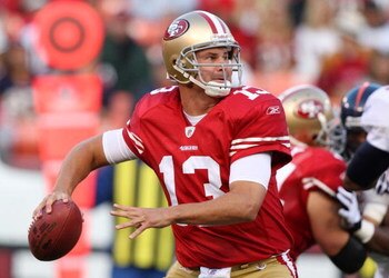 SAN FRANCISCO - AUGUST 14:  Quarterback Shaun Hill #13 of the San Francisco 49ers passes against the Denver Broncos during the preseason game on August 14, 2009 at Candlestick Park in San Francisco, California. (Photo by Jed Jacobsohn/Getty Images)