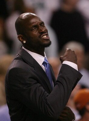 BOSTON - MAY 04:  Kevin Garnett of the Boston Celtics reacts after a foul called against a teammate in the fourth quarter against the Orlando Magic in Game One of the Eastern Conference Semifinals during the 2009 NBA Playoffs at TD Banknorth Garden on May