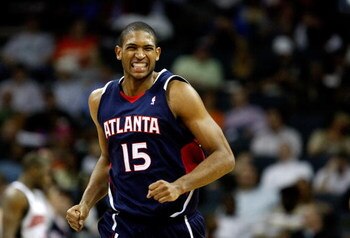 CHARLOTTE, NC - MARCH 06:  Al Horford #15 of the Atlanta Hawks reacts as he runs down the court against the Charlotte Bobcats during their game at Time Warner Cable Arena on March 6, 2009 in Charlotte, North Carolina. NOTE TO USER: User expressly acknowle