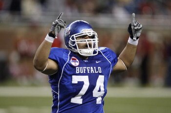 DETROIT - DECEMBER 5:  Defenseive lineman Anel Montanez #74 of the Buffalo Bulls celebrates against the Ball State Cardinals during the MAC Championship game on December 5, 2008 at Ford Field in Detroit Michigan. (Photo by: Gregory Shamus/Getty Images)