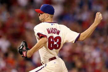 PHILADELPHIA - OCTOBER 10:  Ryan Madson #63 of the Philadelphia Phillies throws a pitch against the Los Angeles Dodgers in Game Two of the National League Championship Series during the 2008 MLB playoffs on October 10, 2008 at Citizens Bank Ballpark in Ph