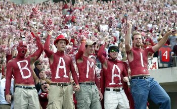 TUSCALOOSA, AL - NOVEMBER 12:  Fans of the University of Alabama Crimson Tide display their body paint during the game with the Louisiana State University Tigers on November 12, 2005 at at Bryant-Denny Stadium in Tuscaloosa, Alabama.  LSU defeated Alabama