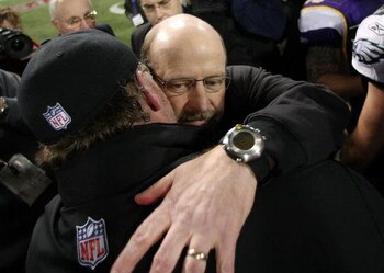 MINNEAPOLIS - JANUARY 04:  Head coach Brad Childress of the Minnesota Vikings congratulates head coach Andy Reid of the Philadelphia Eagles after the NFC Wild Card playoff game on January 4, 2009 at the Hubert H. Humphrey Metrodome in Minneapolis, Minneso
