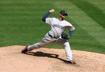 ANAHEIM, CA - APRIL 12:  Manny Delcarmen #17 of the Boston Red Sox throws a pitch against the Los Angeles Angels of Anaheim at Angel Stadium on April 12, 2009 in Anaheim, California. The Angels defeated the Red Sox 5-4.  (Photo by Jeff Gross/Getty Images)