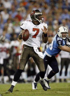 NASHVILLE, TN - AUGUST 15:  Byron Leftwich #7 of the Tampa Bay Buccaneers looks to throw downfield against the Tennessee Titans during a preseason NFL game at LP Field on August 15, 2009 in Nashville, Tennessee. The Titans beat the Buccaneers 27-20. (Phot