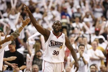 PHILADELPHIA - APRIL 25:  Reggie Evans #30 of the Philadelphia 76ers celebrates a charge call against the  Detroit Pistons in Game Three of the Eastern Conference Quarterfinals during the 2008 NBA Playoffs on April 25, 2008 at the Wachovia Center in Phila