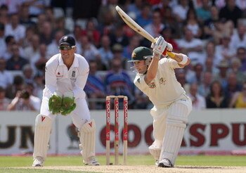 LEEDS, UNITED KINGDOM - AUGUST 08:  Michael Clarke of Australia cover drives with Matthew Prior of England looking on during day two of the npower 4th Ashes Test Match between England and Australia at Headingley Carnegie Stadium on August 8, 2009 in Leeds