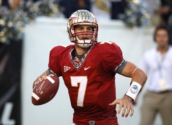 ATLANTA - NOVEMBER 1:  Quarterback Christian Ponder #7 of the Florida State Seminoles rolls out and looks to pass during the game against the Georgia Tech Yellow Jackets at Bobby Dodd Stadium at Historic Grant Field on November 1, 2008 in Atlanta, Georgia