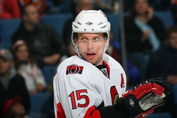 UNIONDALE, NY - NOVEMBER 29:  Dany Heatley #15 of the Ottawa Senators looks on during the game against the New York Islanders on November 29, 2008 at Nassau Coliseum in Uniondale, New York. (Photo by Bruce Bennett/Getty Images)