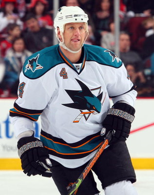 NEWARK, NJ - FEBRUARY 15: Rob Blake #4 of the San Jose Sharks skates against the New Jersey Devils at the Prudential Center on February 15, 2009 in Newark, New Jersey. The Devils defeated the Sharks 6-5. (Photo by Jim McIsaac/Getty Images)