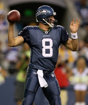 SEATTLE - AUGUST 22:  Quarterback Matt Hasselbeck #8 of the Seattle Seahawks passes against the Denver Broncos on August 22, 2009 at Qwest Field in Seattle, Washington. The Seahawks defeated the Broncos 27-13. (Photo by Otto Greule Jr/Getty Images)