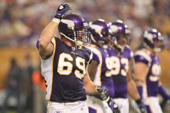 MINNEAPOLIS - SEPTEMBER 21:  Jared Allen #69 of the Minnesota Vikings gestures against the Carolina Panthers during their NFL game at the Hubert H. Humphrey Metrodome on September 21, 2008 in Minneapolis, Minnesota. The Vikings defeated the Panthers 20-10