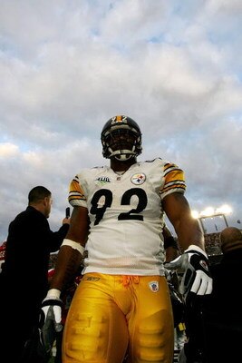 TAMPA, FL - FEBRUARY 01:  James Harrison #92 of the Pittsburgh Steelers walks on the field against the Arizona Cardinals during Super Bowl XLIII on February 1, 2009 at Raymond James Stadium in Tampa, Florida. The Steelers won 27-23.  (Photo by Al Bello/Ge