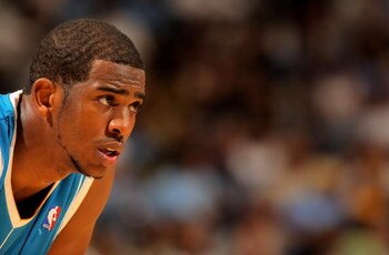 DENVER - APRIL 29:  Chris Paul #3 of the New Orleans Hornets awaits action against the Denver Nuggets in Game Five of the Western Conference Quarterfinals during the 2009 NBA Playoffs at Pepsi Center on April 29, 2009 in Denver, Colorado. The Nuggets defe