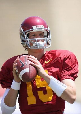 LOS ANGELES, CA - APRIL 25: Quarterback Aaron Corp #15 of the USC Trojans looks on during the spring game on April 25, 2009 at the Los Angeles Memorial Coliseum in Los Angeles, California.  The cardinal team won 16-10.  (Photo by Jeff Golden/Getty Images)