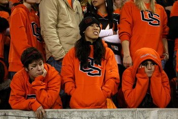 CORVALLIS, OR - NOVEMBER 29: Oregon State Beaver fans show their dejection as they fall behind to  of the Oregon Ducks at Reser Stadium on November 29, 2008 in Corvalis, Oregon.  (Photo by Jonathan Ferrey/Getty Images)
