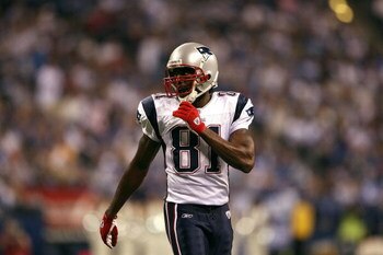 INDIANAPOLIS - NOVEMBER 02:  Randy Moss #81 of  the New England Patriots looks on against the Indianapolis Colts at Lucas Oil Stadium on November 2, 2008 in Indianapolis, Indiana.  (Photo by Andy Lyons/Getty Images)