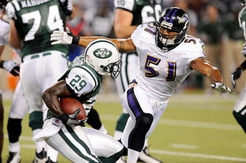 BALTIMORE - AUGUST 24:  Leon Washington #29 of the New York Jets is tackled by Brendon Ayanbadejo #51 of the Baltimore Ravens during a preseason game at M&T Bank Stadium on August 24, 2009 in Baltimore, Maryland.  (Photo by Greg Fiume/Getty Images)