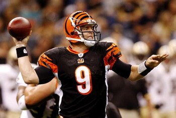 NEW ORLEANS - AUGUST 14:  Quarterback Carson Palmer #9 of the Cincinnati Bengals throws a pass in the first quarter against the New Orleans Saints during a preseason game on August 14, 2009 at the Superdome in New Orleans, Louisiana. (Photo by Chris Grayt