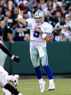 OAKLAND, CA - AUGUST 13:  Quarterback Tony Romo #9 of the Dallas Cowboys throws the ball in the first quarter against the Oakland Raiders during the preseason game at Oakland-Alameda County Coliseum on August 13, 2009 in Oakland, California. (Photo by Jed