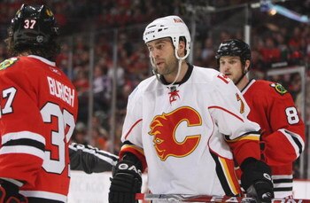 CHICAGO - APRIL 25: Todd Bertuzzi #7 of the Calgary Flames has words with the Chicago Blackhawks during Game Five of the Western Conference Quarterfinals of the 2009 Stanley Cup Playoffs on April 25, 2009 at the United Center in Chicago, Illinois. (Photo 