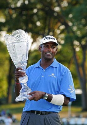 PARAMUS, NJ - AUGUST 24:  Vijay Singh of Fiji Islands holds the trophy after winning a two hole playoff during the final round of The Barclays at the Ridgewood Country Club held on August 24, 2008 in Paramus, New Jersey.  (Photo by Michael Cohen/Getty Ima