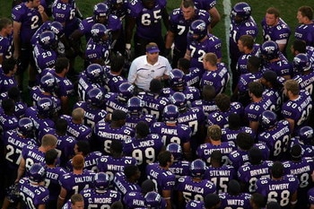 FORT WORTH, TX -SEPTEMBER 28:  Head coach Gary Patterson of the Texas Christian University Horned Frogs talks to his team during halftime against the Brigham Young University Cougars at Amon G. Carter Stadium on September 28, 2006 in Fort Worth, Texas.  (