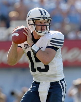 PASADENA, CA - SEPTEMBER 8: Quarterback Max Hall #15 of the BYU Cougars throws a pass against the UCLA Bruins on September 8, 2007 at the Rose Bowl in Pasadena, California. UCLA won 27-17. (Stephen Dunn/Getty Images)
