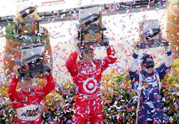 SONOMA, CA - AUGUST 23:  Winner, Dario Franchitti driver of the #10 Target Chip Ganassi Racing Dallara Honda, Ryan Briscoe driver of the #6 Team Penske Dallara Honda (L-second place) and Mike Conway driver of the Tran Systems/Dreyer & Reinbold Racing Dall