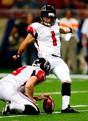 ST. LOUIS, MO - AUGUST 21:  Kicker Jason Elam #1 of the Atlanta Falcons kicks the ball against the St. Louis Rams during the preseason game at the Edward Jones Dome on August 21, 2009 in St. Louis, Missouri. (Photo by Dilip Vishwanat/Getty Images)