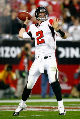 GLENDALE, AZ - JANUARY 03: Quarterback Matt Ryan #2 of the Atlanta Falcons drops back to pass against the Arizona Cardinals during the NFC Wild Card Game on January 3, 2009 at University of Phoenix Stadium in Glendale, Arizona. (Photo by Jeff Gross/Gett