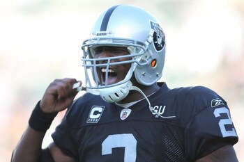 OAKLAND, CA - NOVEMBER 02: JaMarcus Russell #2 of the Oakland Raiders reacts after throwing an interception in the fourth quarter against the Atlanta Falcons during an NFL game on November 2, 2008 at the Oakland-Alameda County Coliseum in Oakland, Califor