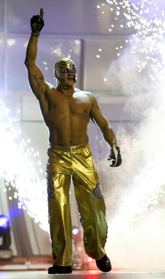 LAS VEGAS - DECEMBER 2:  (U.S. TABLOIDS OUT)   WWE wrestler Rey Mysterio walks on stage during the '1st Annual Video Game Awards' at the MGM Grand Garden Arena December 2, 2003 in Las Vegas, Nevada.  The show premieres on Spike T.V. Thursday, December 4 a