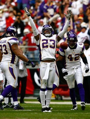 GLENDALE, AZ - DECEMBER 14:  Cedric Griffin #23 of the Minnesota Vikings celebrates after intercepting a pass in the first quarter against the Arizona Cardinals at the University of Phoenix Stadium on December 14, 2008 in Glendale, Arizona. The Vikings de