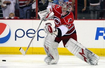 RALEIGH, NC - MAY 26:  Cam Ward #30 of the Carolina Hurricanes skates against the Pittsburgh Penguins during Game Four of the Eastern Conference Championship Round of the 2009 Stanley Cup Playoffs at RBC Center on May 26, 2009 in Raleigh, North Carolina. 