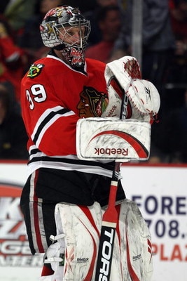 CHICAGO - APRIL 18:  Goalie Nikolai Khabibulin #39 of the Chicago Blackhawks looks on against the Calgary Flames during Game Two of the Western Conference Quarterfinals of the 2009 Stanley Cup Playoffs on April 18, 2009 at the United Center in Chicago, Il
