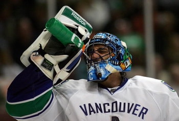 ANAHEIM, CA - MARCH 11:  Goaltender Roberto Luongo #1 of the Vancouver Canucks takes a drink during a break in their NHL game against the Anaheim Ducks at Honda Center on March 11, 2009 in Anaheim, California. The Ducks defeated the Canucks 4-3 in overtim