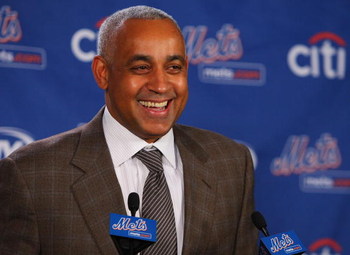 LONG ISLAND CITY, NY - DECEMBER 17: New York Mets General Manager Omar Minaya speaks to the media during a press conference to introduce Francisco Rodriquez on December 17, 2008 at the Citigroup Building in New York City. (Photo by Mike Stobe/Getty Imag