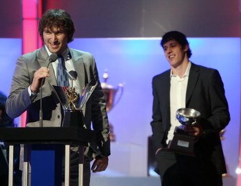 LAS VEGAS - JUNE 18:  Alexander Ovechkin (L) of the Washington Capitals accepts the Maurice Richard Trophy as Evgeni Malkin of the Pittsburgh Penguins holds the Art Ross Trophy during the 2009 NHL Awards at The Pearl concert theater at the Palms Casino Re