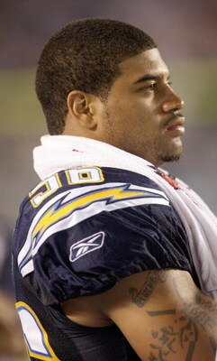 SAN DIEGO - AUGUST 30: Shawne Merriman#56 of the San Diego Chargers looks on from the sidelines during the game against the San Francisco 49ers on August 30, 2007 at Qualcomm Stadium in San Diego, California.  (Photo by Stephen Dunn/Getty Images)