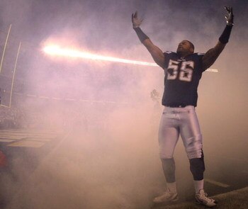 SAN DIEGO - DECEMBER 24:  Shawne Merriman #56 of the San Diego Chargers enters the game against the Denver Broncos during the first half of their NFL game at Qualcomm Stadium December 24, 2007 in San Diego, California.  (Photo by Donald Miralle/Getty Imag
