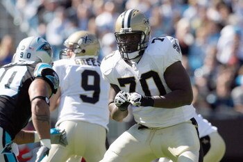 CHARLOTTE, NC - OCTOBER 19:  Jammal Brown #70 of the New Orleans Saints moves to block the line during the game against the Carolina Panthers at Bank of America Stadium on October 19, 2008 in Charlotte, North Carolina.  (Photo by Kevin C. Cox/Getty Images