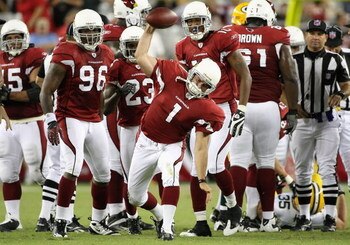 GLENDALE, AZ - AUGUST 28:  Kicker Neil Rackers #1 of the Arizona Cardinals celebrates after recovering an on side kick during the fourth quarter of the preseason NFL game against the Green Bay Packers at the Universtity of Phoenix Stadium on August 28, 20