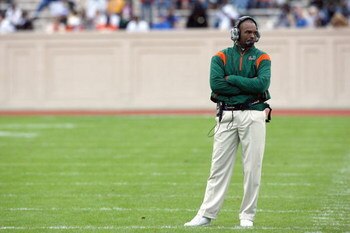DURHAM, NC - OCTOBER 18:  Head coach Randy Shannon of the Miami Hurricanes stands on the field during the game against the Duke Blue Devils at Wallace Wade Stadium on October 18, 2008 in Durham, North Carolina.  (Photo by Kevin C. Cox/Getty Images)