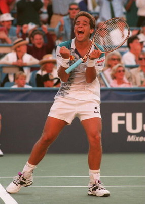 6 SEP 1994:  JAIME YZAGA CELEBRATES HIS WIN OVER PETE SAMPRAS IN THE FOURTH ROUND OF THE US OPEN IN FLUSHING MEADOWS, NEW YORK .  Mandatory Credit: Clive Brunskill/ALLSPORT