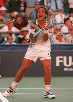 6 SEP 1994:  JAIME YZAGA CELEBRATES HIS WIN OVER PETE SAMPRAS IN THE FOURTH ROUND OF THE US OPEN IN FLUSHING MEADOWS, NEW YORK .  Mandatory Credit: Clive Brunskill/ALLSPORT