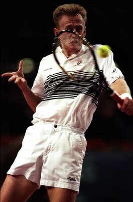30 Oct 1997:  Petr Korda of the Czech Republic plays a back hand return during his hard fought match against Pete Sampras of the USA at the Open de la Ville de Paris in France. Sampras won the match 4-6, 7-6 (7-2), 6-4. \ Mandatory Credit: Gary M. Prior/A