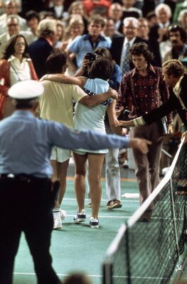 20 Sep 1973:  Bobby Riggs of the USA comes off court defeated by Billie Jean-King of the USA after a Battle of the Sexes Challenge Match held at the Astrodome, in Houston, Texas. The battle of the sexes match came about after Bobby Riggs had challenged Ki