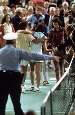 20 Sep 1973:  Bobby Riggs of the USA comes off court defeated by Billie Jean-King of the USA after a Battle of the Sexes Challenge Match held at the Astrodome, in Houston, Texas. The battle of the sexes match came about after Bobby Riggs had challenged Ki