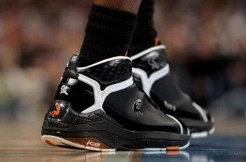 DENVER - MARCH 05:  A detail of the shoes of Shaquille O'Neal #32 of the Phoenix Suns in action against the Denver Nuggets during NBA action at the Pepsi Center on March 5, 2008 in Denver, Colorado. The Nuggets defeated the Suns 126-113. NOTE TO USER: Use